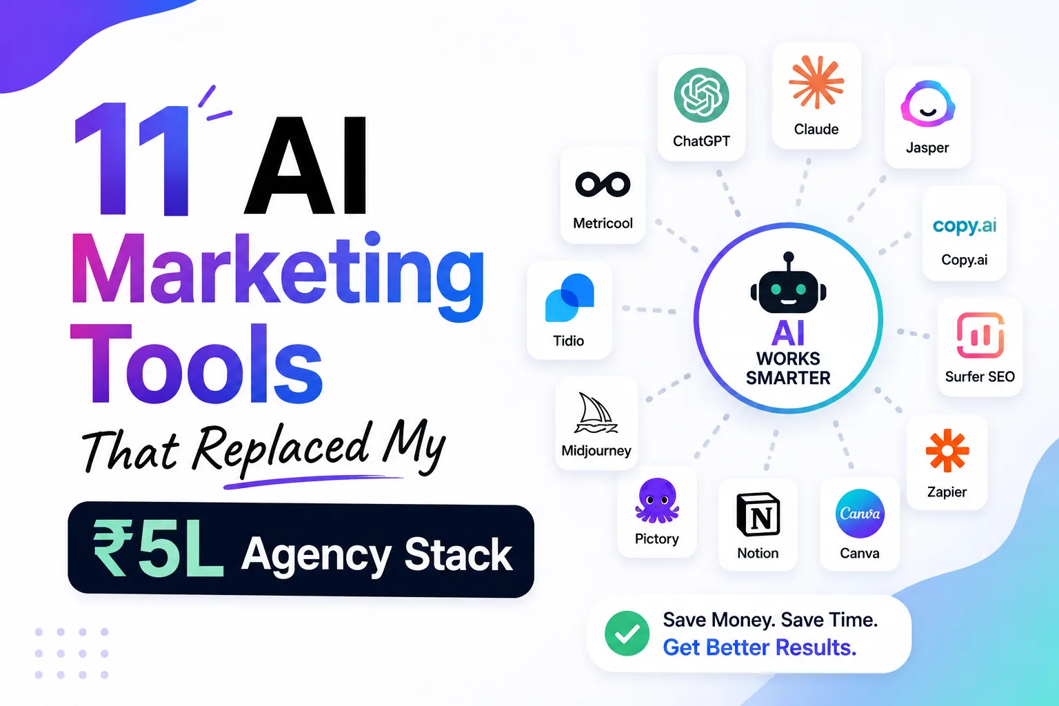 11 AI marketing tools that replaced a ₹5L agency stack — DigiVeritaz playbook 2026 featuring ChatGPT, Claude, Jasper, Surfer SEO, Zapier, Midjourney and more