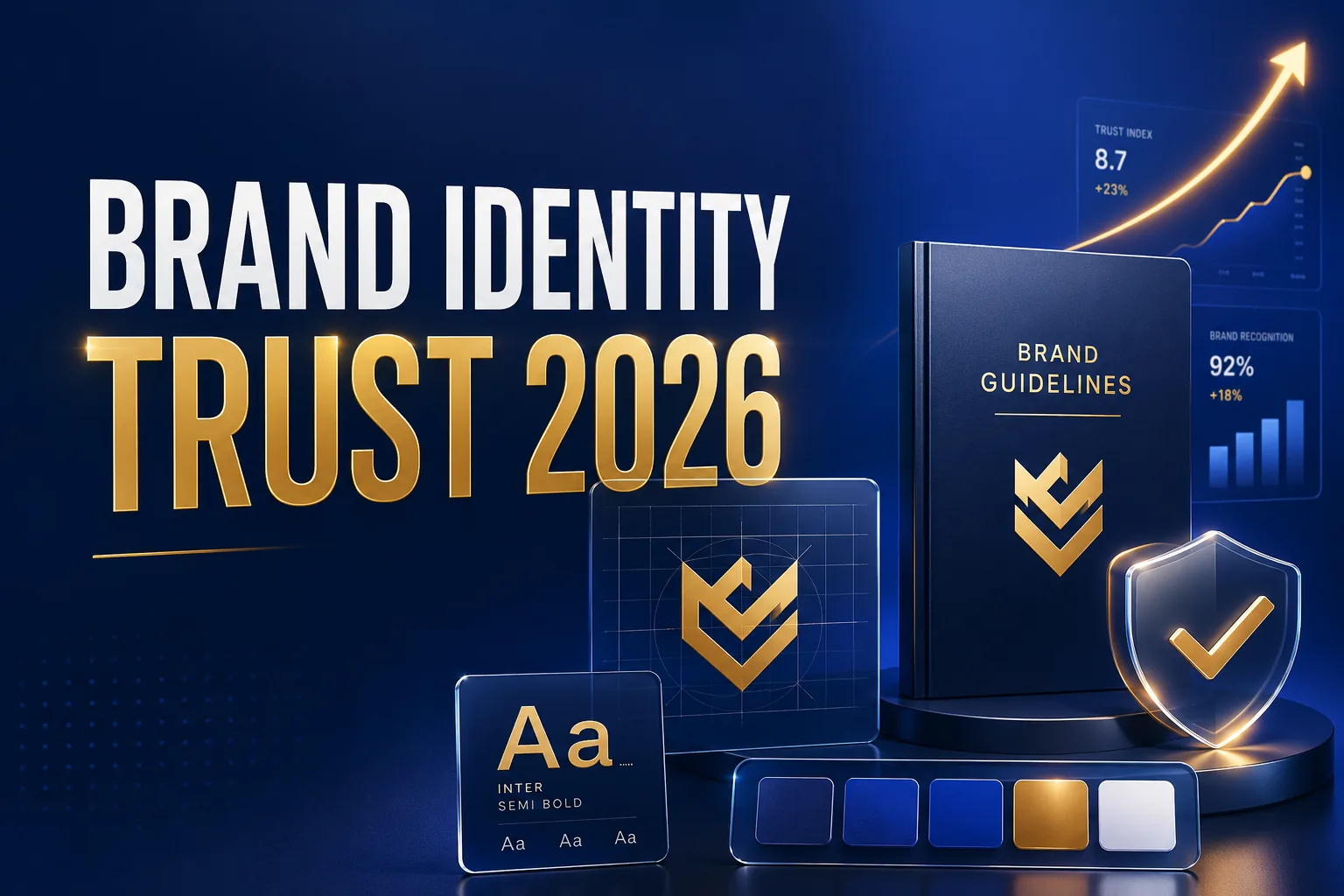 Brand Identity Trust 2026 — brand guidelines book, logo grid, typography and colour palette with a trust index of 8.7 and 92% brand recognition — DigiVeritaz