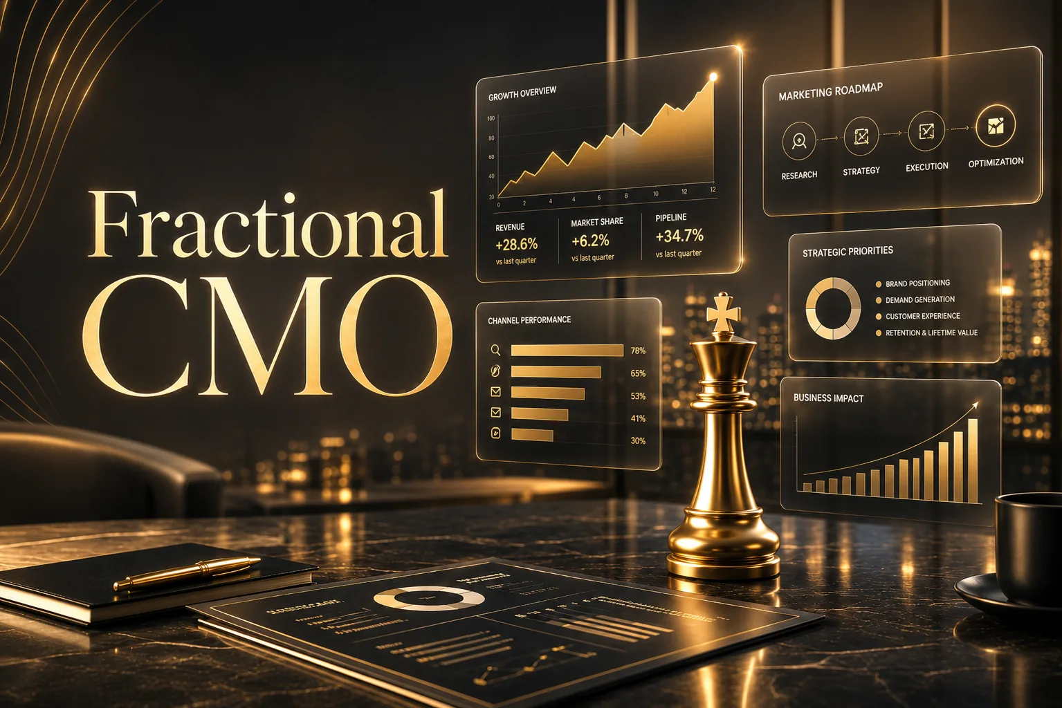 Fractional CMO concept — a premium dashboard showing growth overview, a marketing roadmap (research, strategy, execution, optimization), channel performance and strategic priorities beside a gold chess king — DigiVeritaz