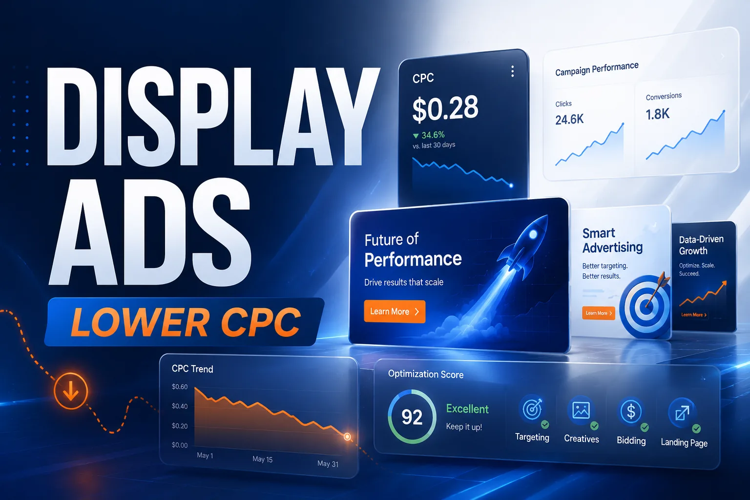Display advertising in 2026 — dashboard showing CPC down 34.6% to $0.28, rising clicks and conversions, a falling CPC trend and a 92 optimization score — DigiVeritaz