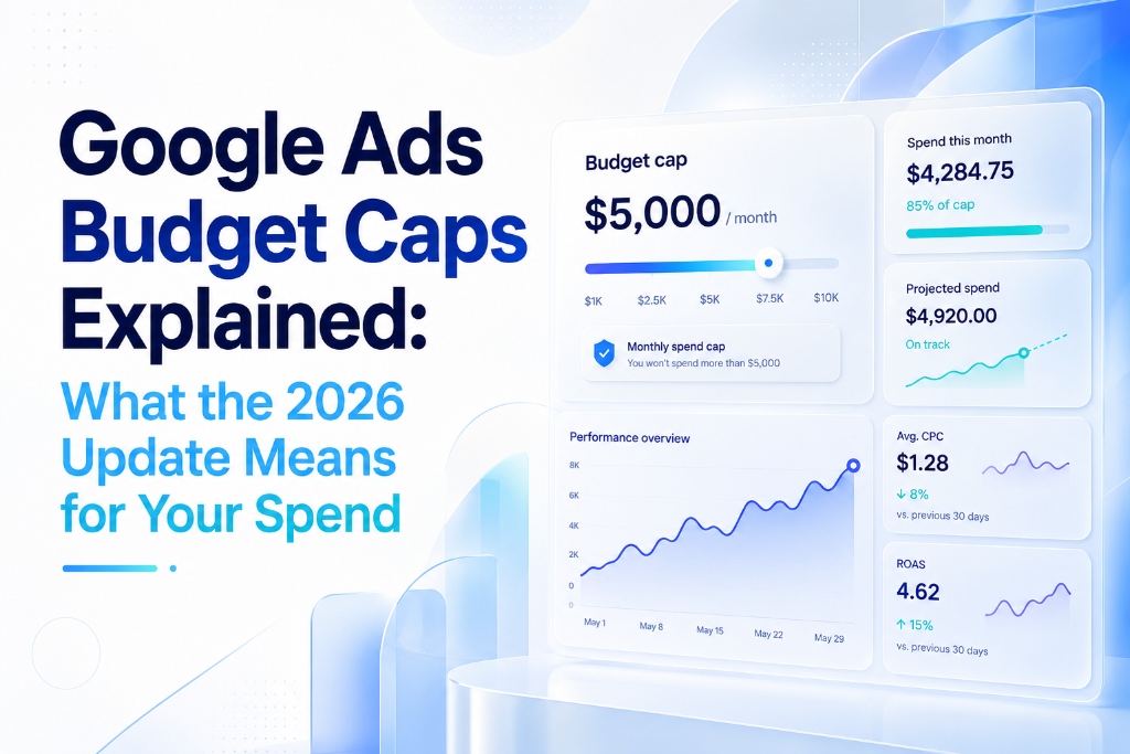 Google Ads Budget Caps Explained — What the 2026 pacing update means for your spend, showing budget cap dashboard, spend tracking, CPC and ROAS metrics — DigiVeritaz PPC guide