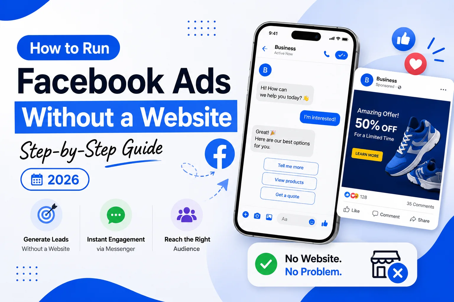 How to Run Facebook Ads Without a Website — 2026 step-by-step guide by DigiVeritaz, featuring Messenger chat, sponsored Facebook ad and lead-gen icons