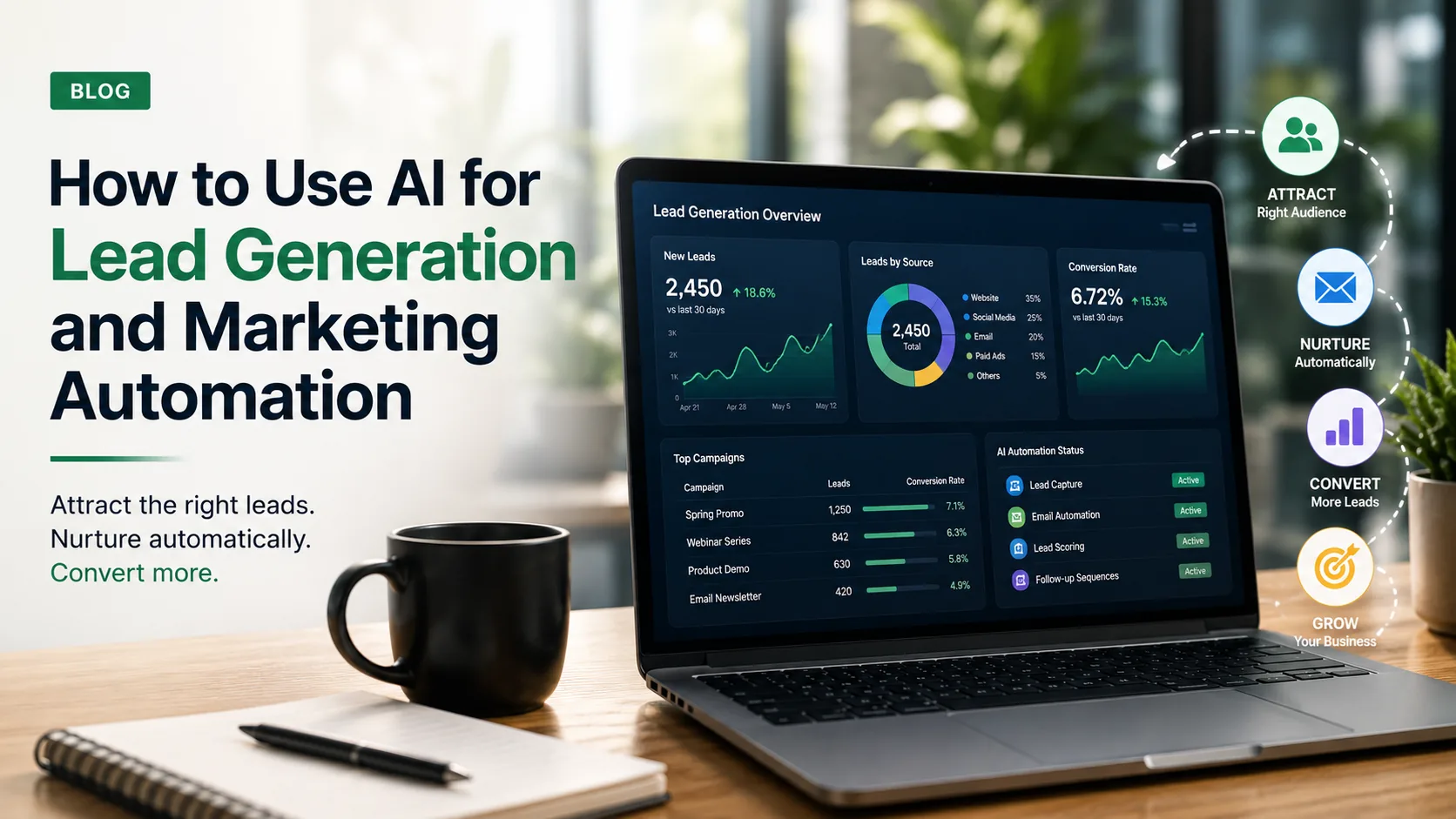 How to Use AI for Lead Generation and Marketing Automation — DigiVeritaz cover with AI lead-gen dashboard showing attract, nurture, convert and grow stages