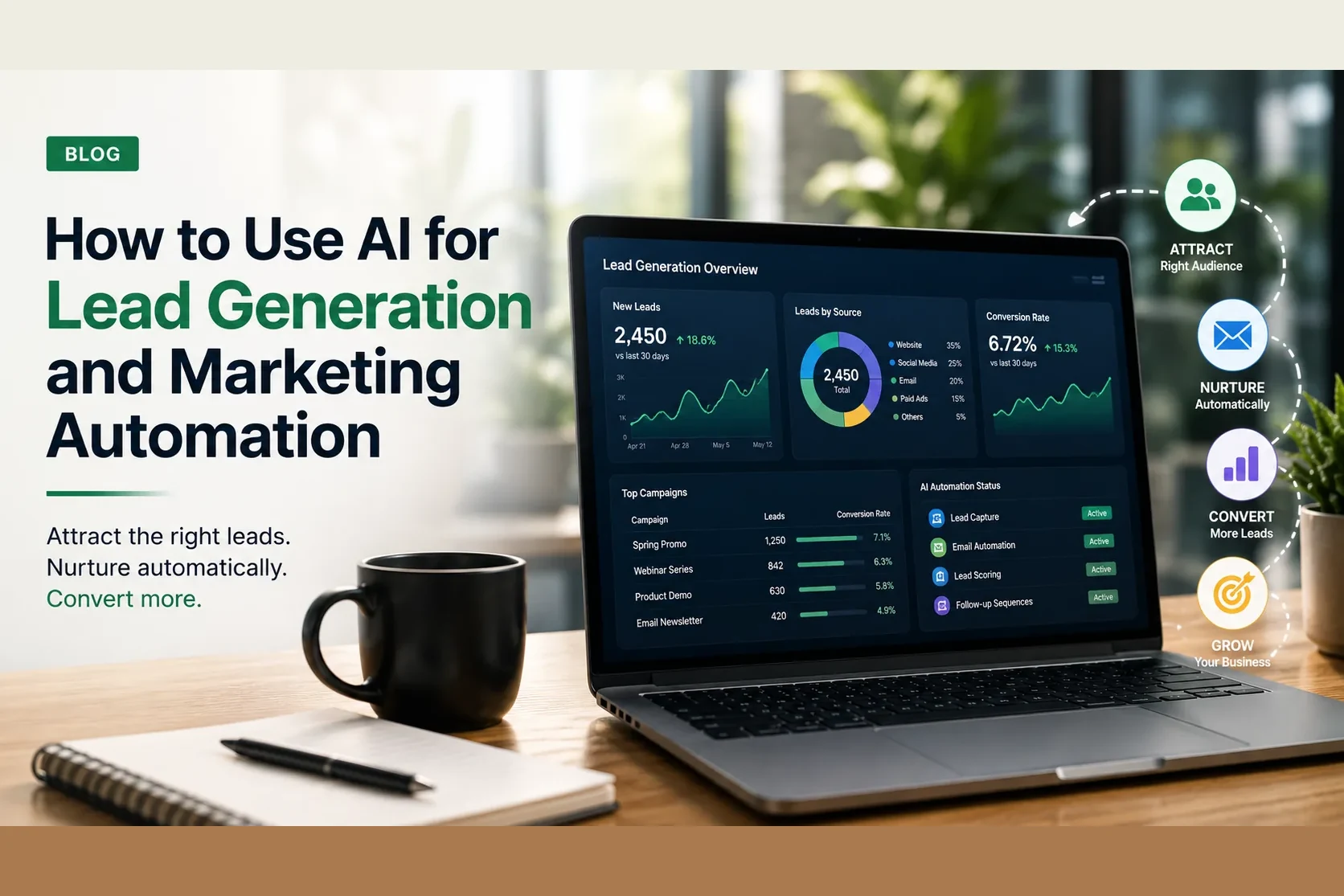 How to Use AI for Lead Generation and Marketing Automation — DigiVeritaz cover with AI lead-gen dashboard showing attract, nurture, convert and grow stages