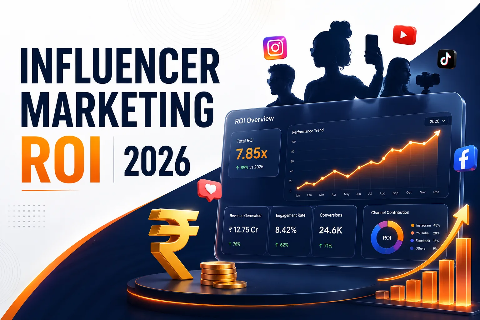 Influencer Marketing ROI 2026 — dashboard showing 7.85x total ROI, ₹12.75 Cr revenue, 8.42% engagement, 24.6K conversions and channel contribution across Instagram, YouTube and Facebook — DigiVeritaz