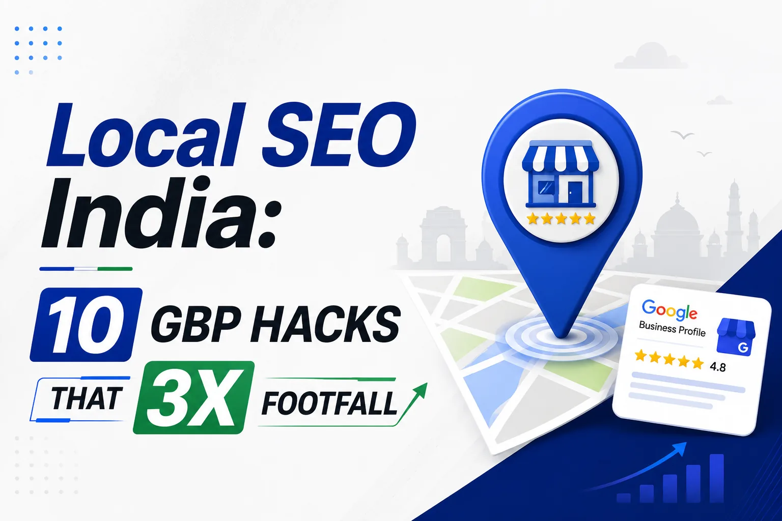 Local SEO India — 10 Google Business Profile hacks that 3X footfall covering profile completion, category selection, review velocity, GBP posts, photo optimization, NAP citations, hyper-local pages, schema markup, local backlinks and metrics — DigiVeritaz playbook