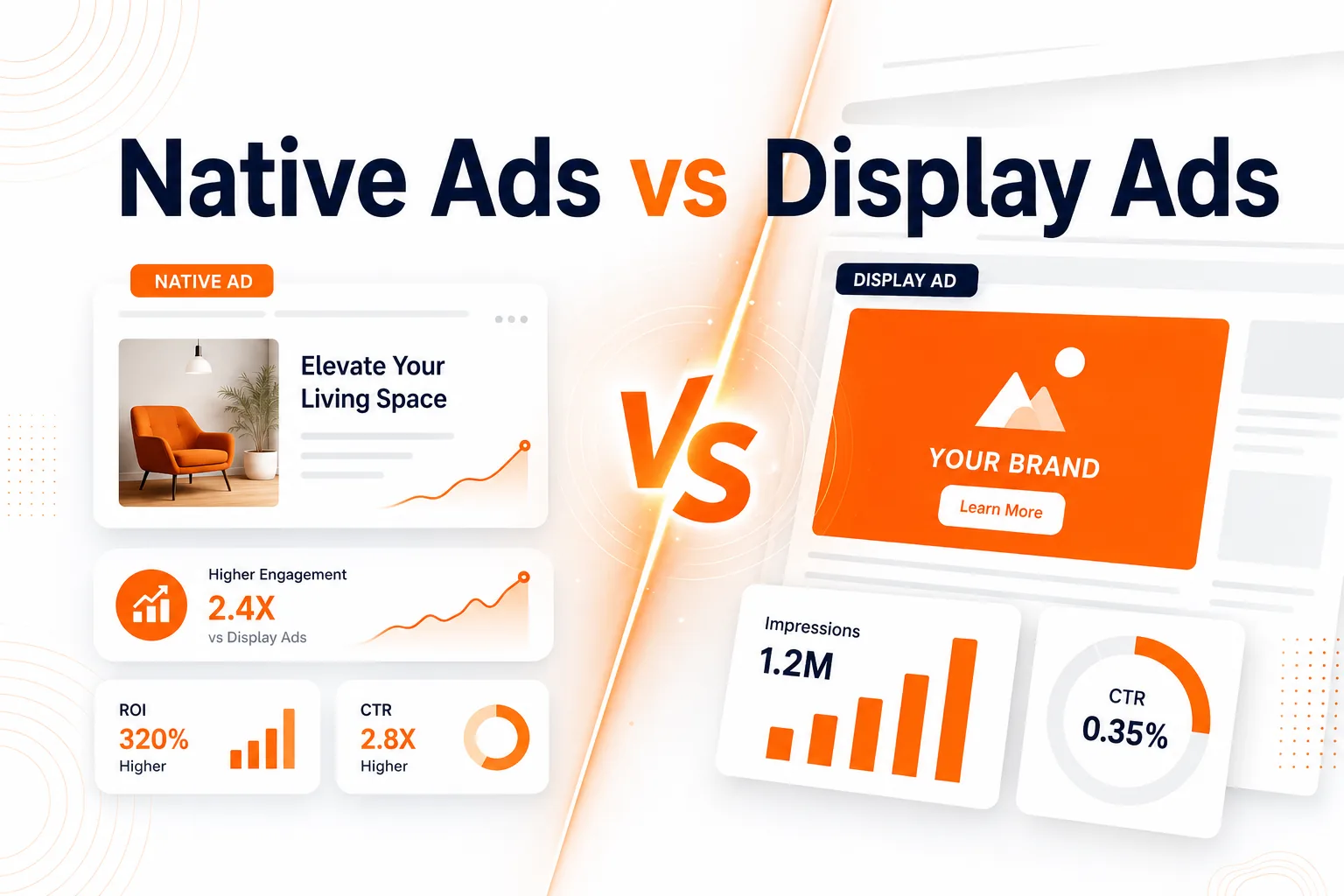 Native Advertising vs Display Ads — 2026 ROI comparison showing native ads at 2.4x engagement, 320% higher ROI and 2.8x CTR versus display ad impressions and 0.35% CTR — DigiVeritaz