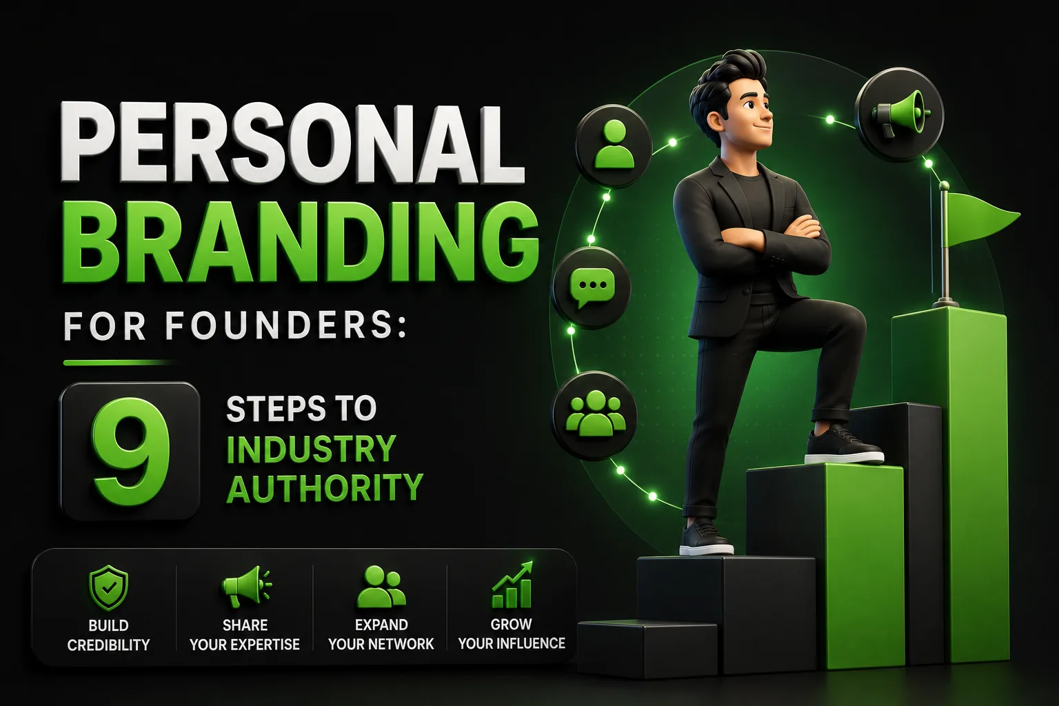 Personal Branding for Founders — 9 steps to industry authority covering niche, LinkedIn optimization, posting cadence, long-form content, speaking, podcasts, building in public, engagement strategy, and signature frameworks — DigiVeritaz playbook
