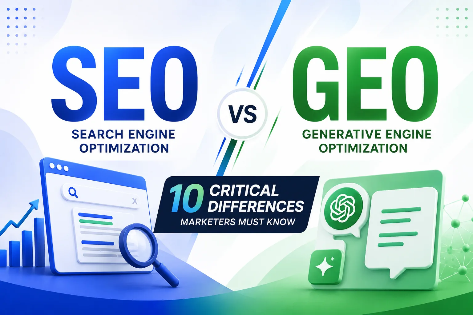 SEO vs GEO — 10 critical differences across goal, channel, format, authority, behavior, technical, measurement, freshness, off-site and timeline — DigiVeritaz playbook
