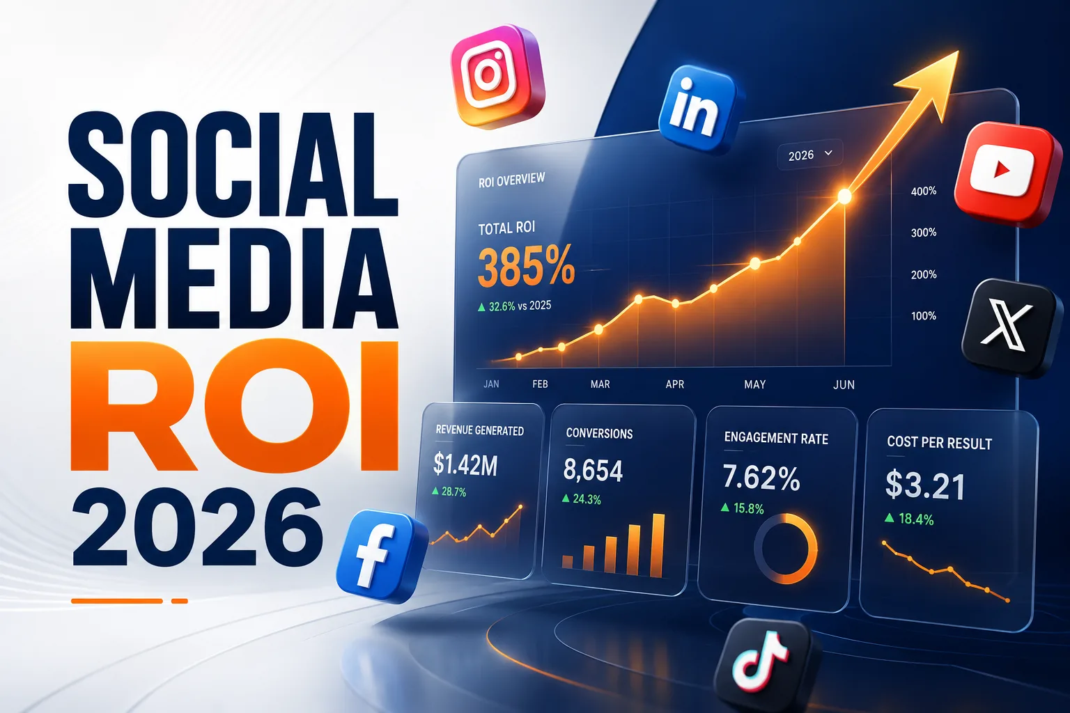 Social Media ROI 2026 — dashboard showing 385% total ROI, revenue generated, conversions, engagement rate and cost per result across Instagram, LinkedIn, Facebook, YouTube, X and TikTok — DigiVeritaz