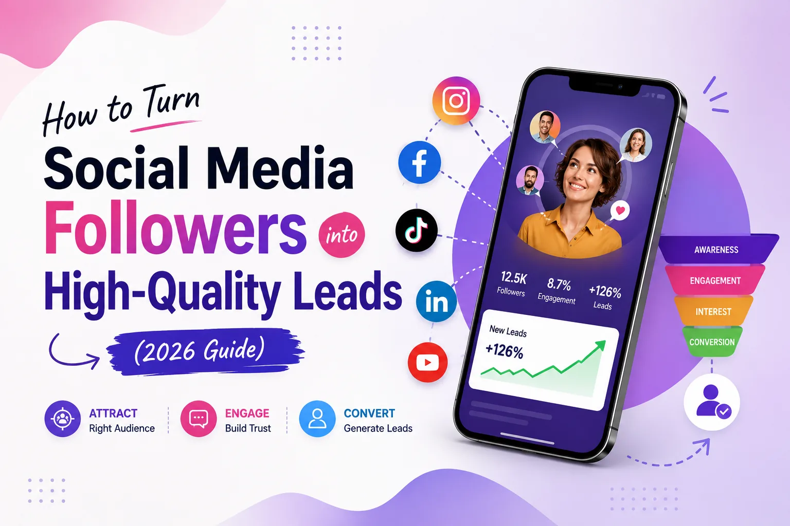 How to Turn Social Media Followers into High-Quality Leads 2026 — DigiVeritaz cover with social funnel showing attract, engage and convert stages