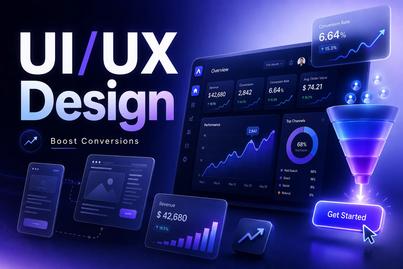 UI/UX design for conversions — a dark analytics dashboard showing 6.64% conversion rate, revenue and conversions trending up, a channel funnel and a Get Started CTA — DigiVeritaz