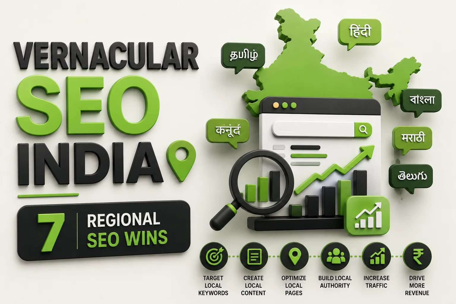 Vernacular SEO India infographic — 7 strategies to dominate Hindi and regional-language search: keywords, dedicated pages, hreflang, Hinglish, voice, backlinks and tracking — DigiVeritaz 2026