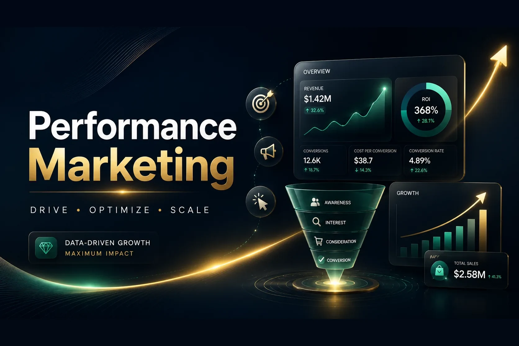 Performance marketing in 2026 — a dashboard showing ₹1.42M revenue, 368% ROI, 12.6K conversions and a marketing funnel from awareness to conversion — DigiVeritaz