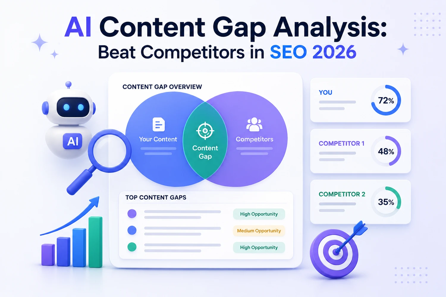 AI content gap analysis — a Venn diagram of your content versus competitors revealing the content gap, with opportunity scores — DigiVeritaz