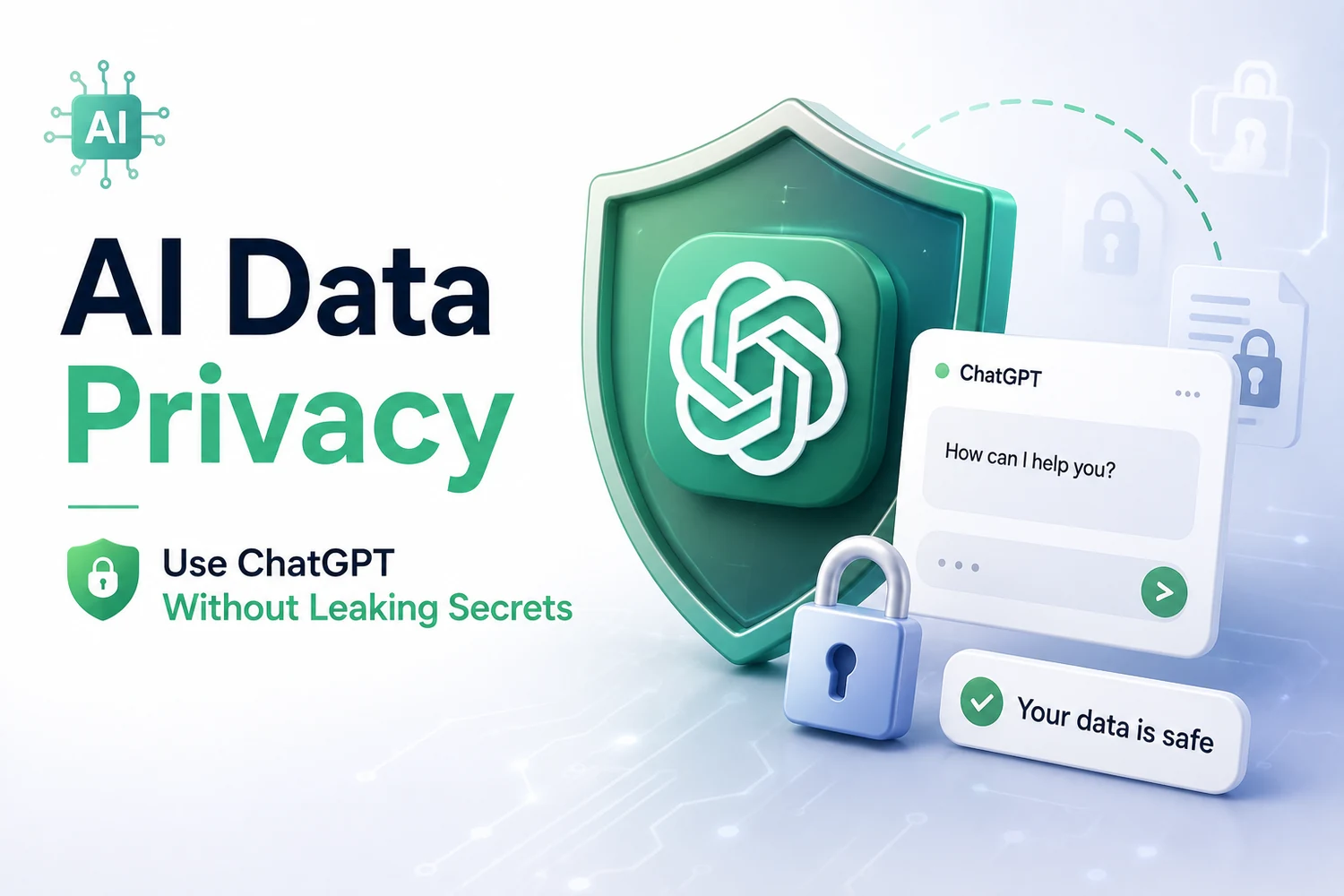 AI data privacy for marketers — a shield and lock protecting a ChatGPT conversation with a data-is-safe confirmation — DigiVeritaz