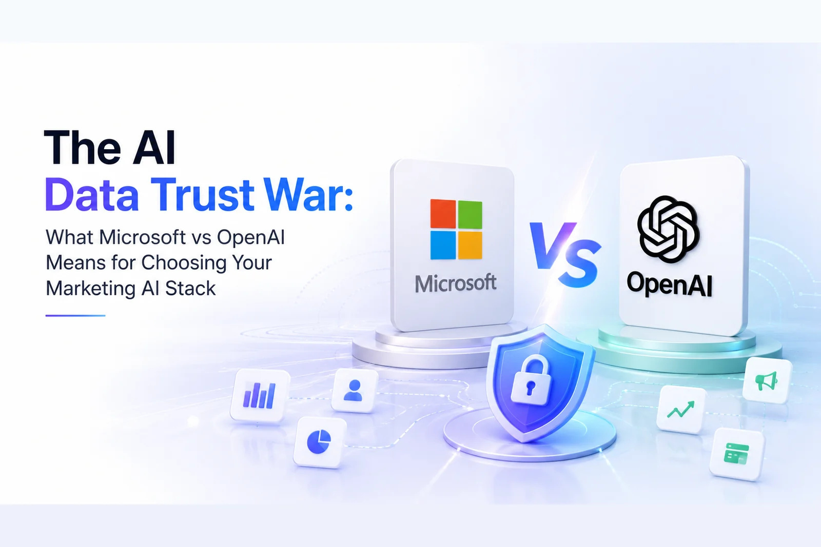The AI data trust war — Microsoft vs OpenAI shown as logos with a data-protection shield and marketing icons — DigiVeritaz