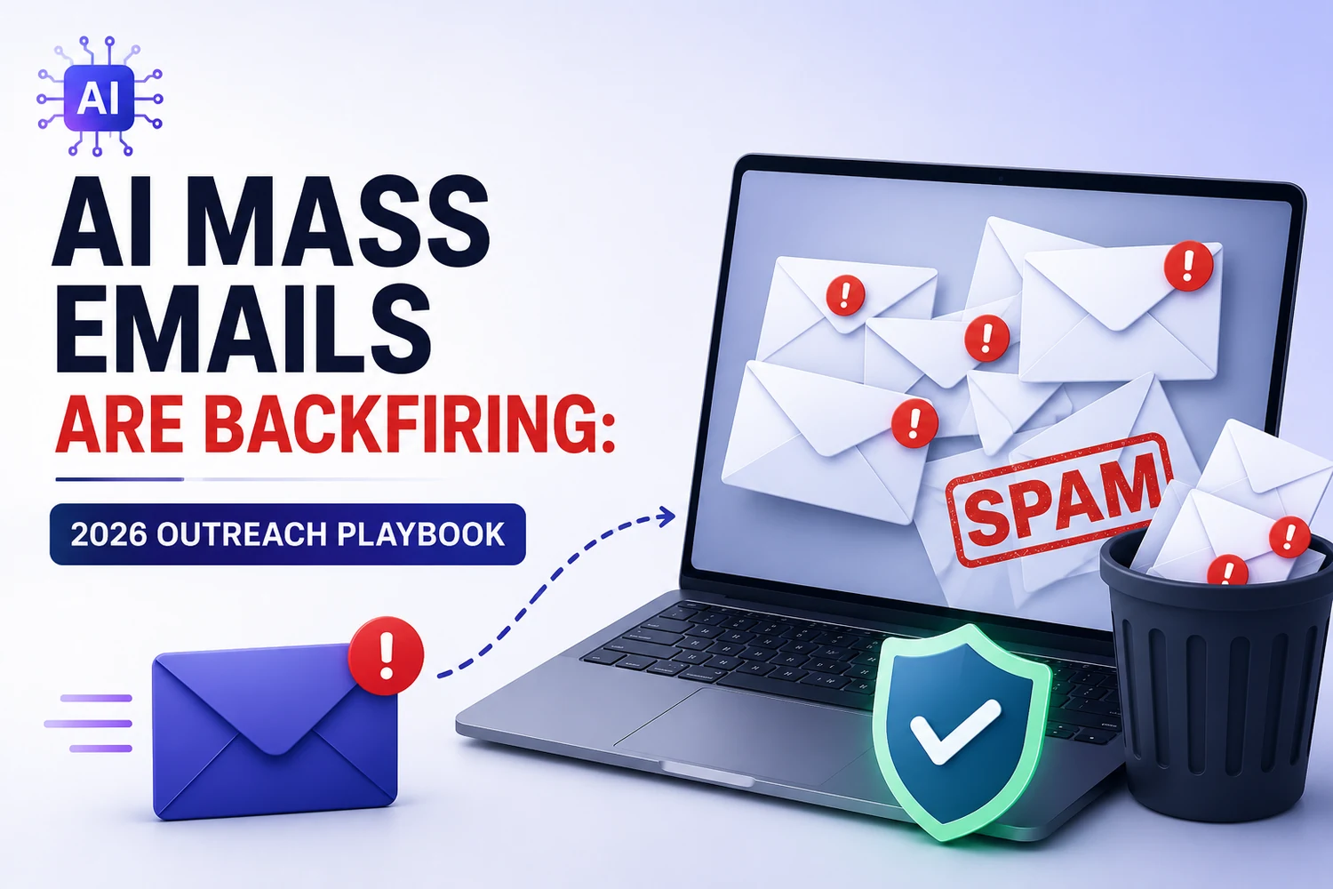 AI mass emails backfiring — a laptop flooded with spam-flagged emails beside a bin and a safe-inbox shield — DigiVeritaz