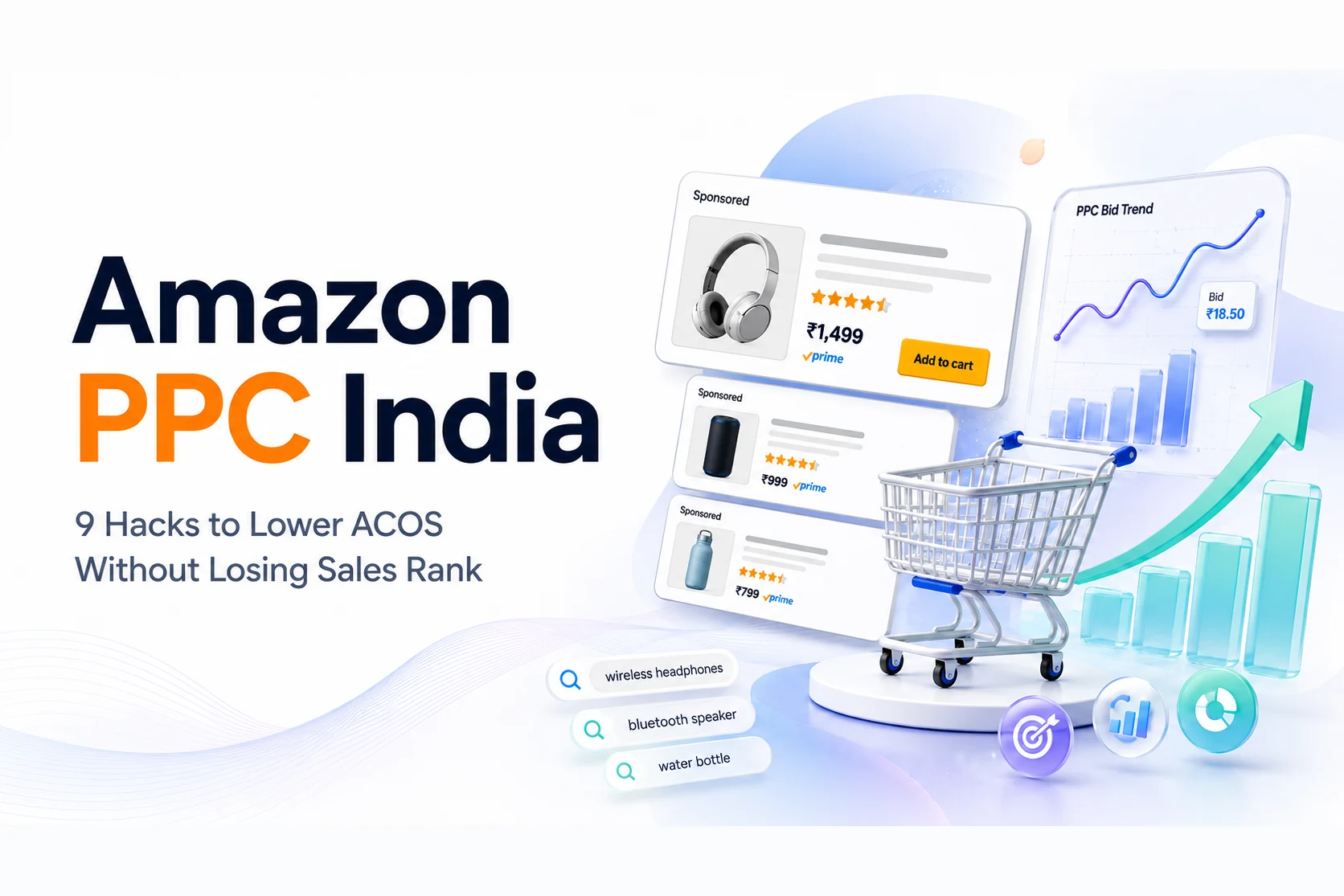 Amazon PPC India dashboard showing Sponsored product listings, a ₹18.50 bid trend and rising sales — DigiVeritaz