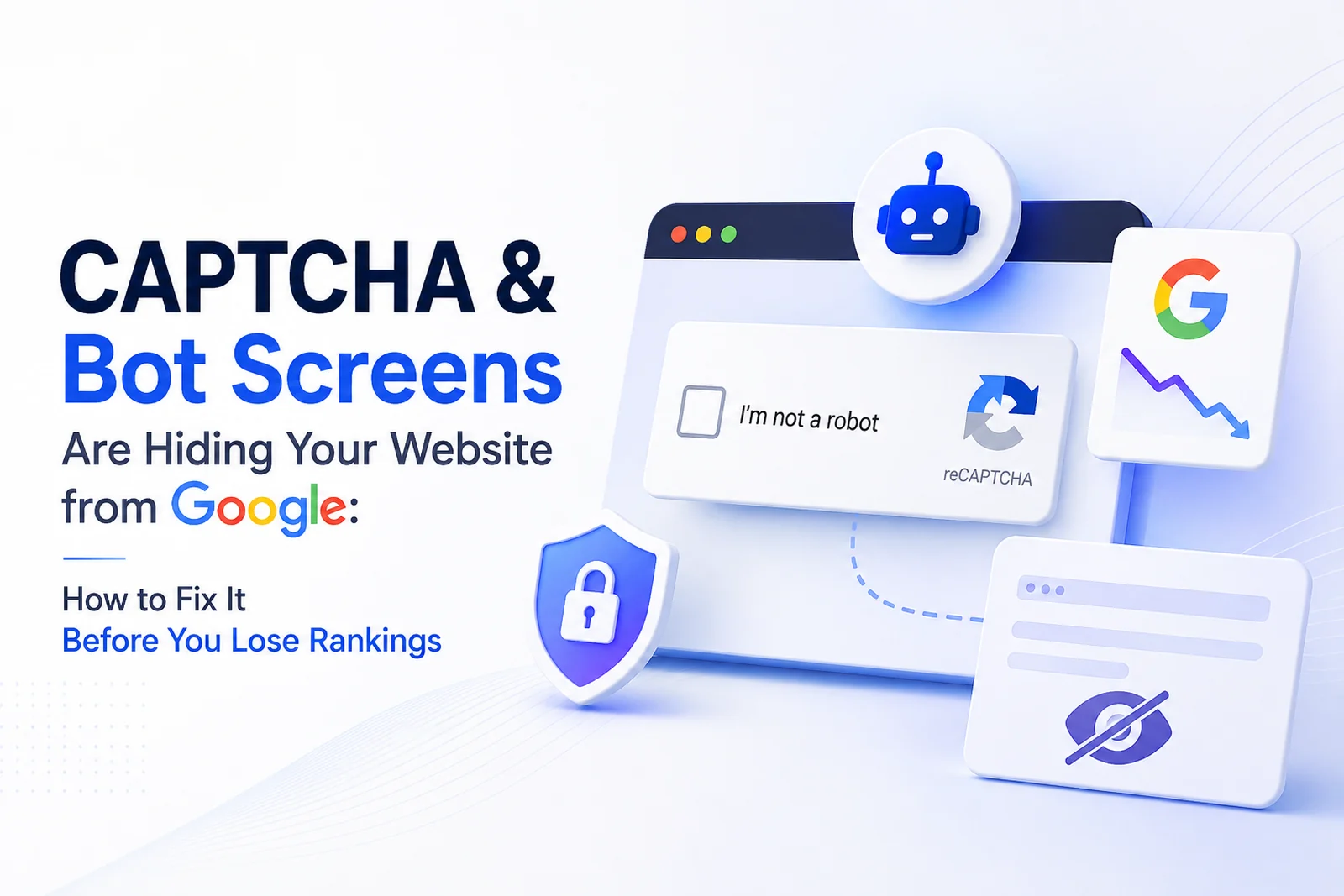 CAPTCHA and bot screens hiding your website from Google — an 'I'm not a robot' challenge blocking the crawler while rankings fall — DigiVeritaz