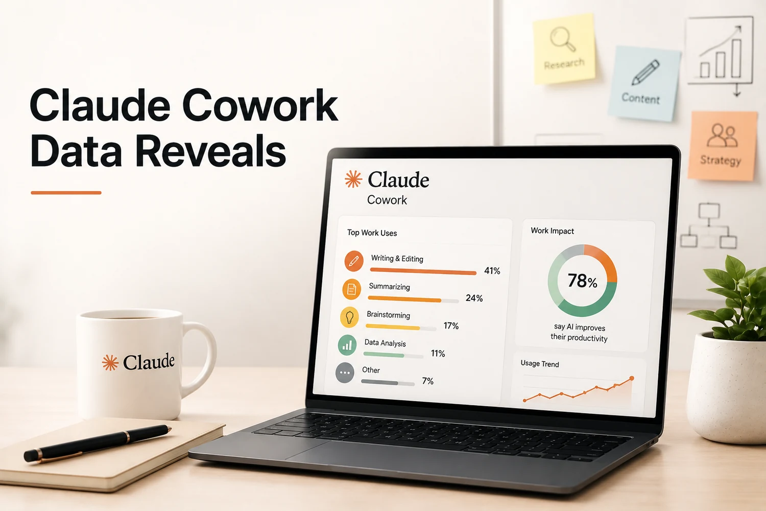 Claude Cowork usage data — a laptop dashboard showing AI mostly used for writing, summarising and reports — DigiVeritaz