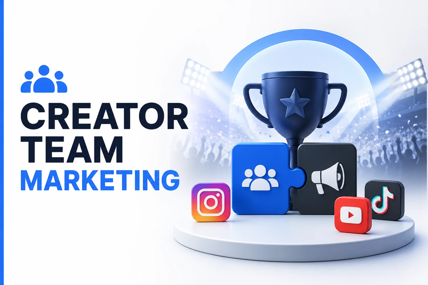 Creator team marketing — a coordinated influencer squad on a winners' podium with social platform icons — DigiVeritaz