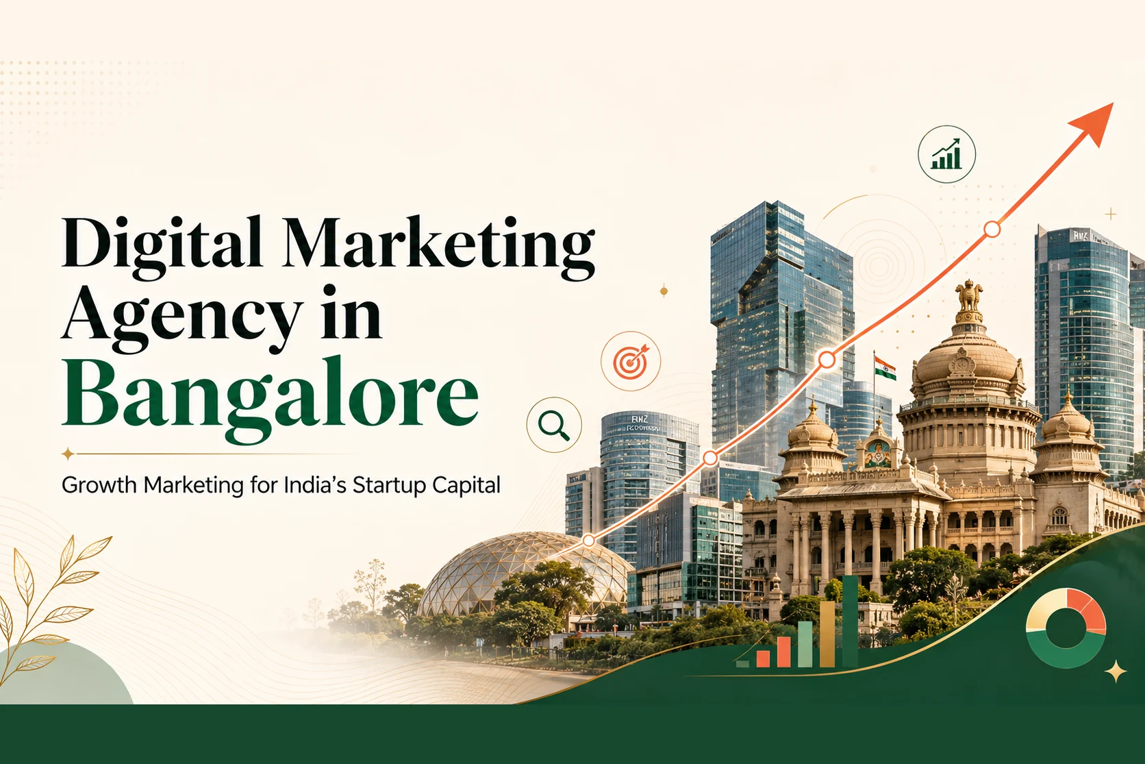 Digital marketing agency in Bangalore — a rising growth chart over Vidhana Soudha and the Bangalore tech-park skyline — DigiVeritaz