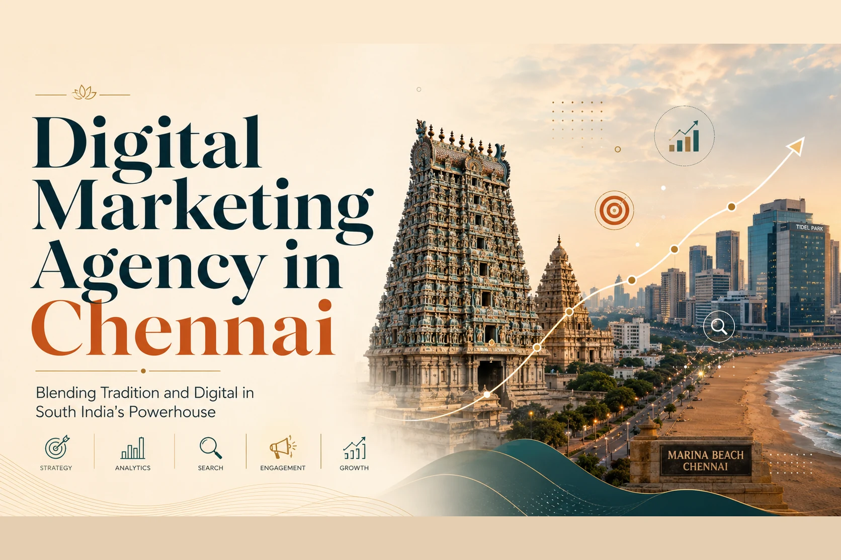 Digital marketing agency in Chennai — Kapaleeshwarar temple gopuram, Marina Beach and the Chennai IT-corridor skyline under a rising growth chart — DigiVeritaz