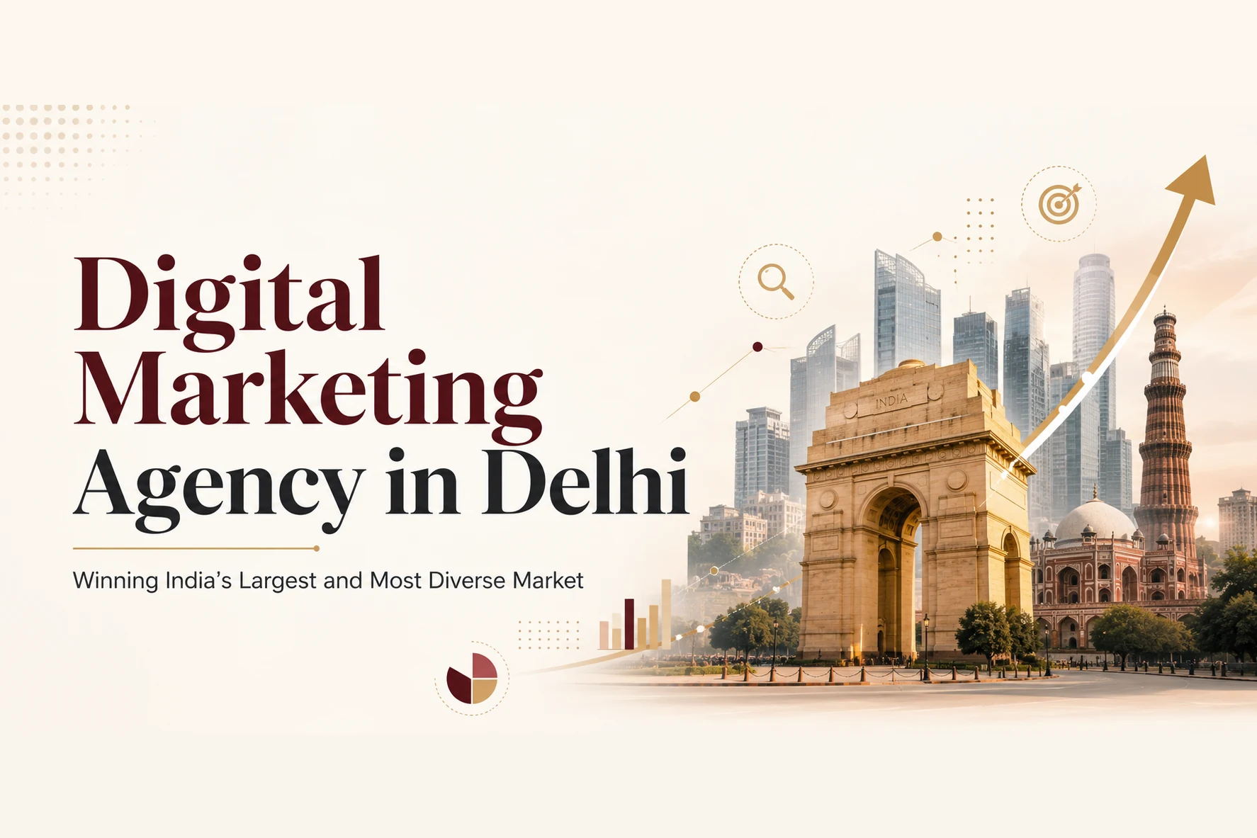 Digital marketing agency in Delhi — a rising growth chart over India Gate, Qutub Minar and the Delhi NCR skyline — DigiVeritaz