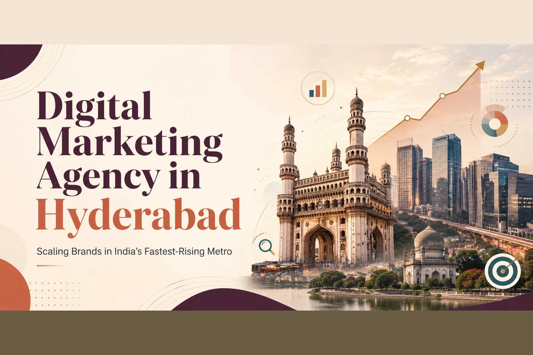 Digital marketing agency in Hyderabad — Charminar and the HITEC City skyline under a rising growth chart — DigiVeritaz
