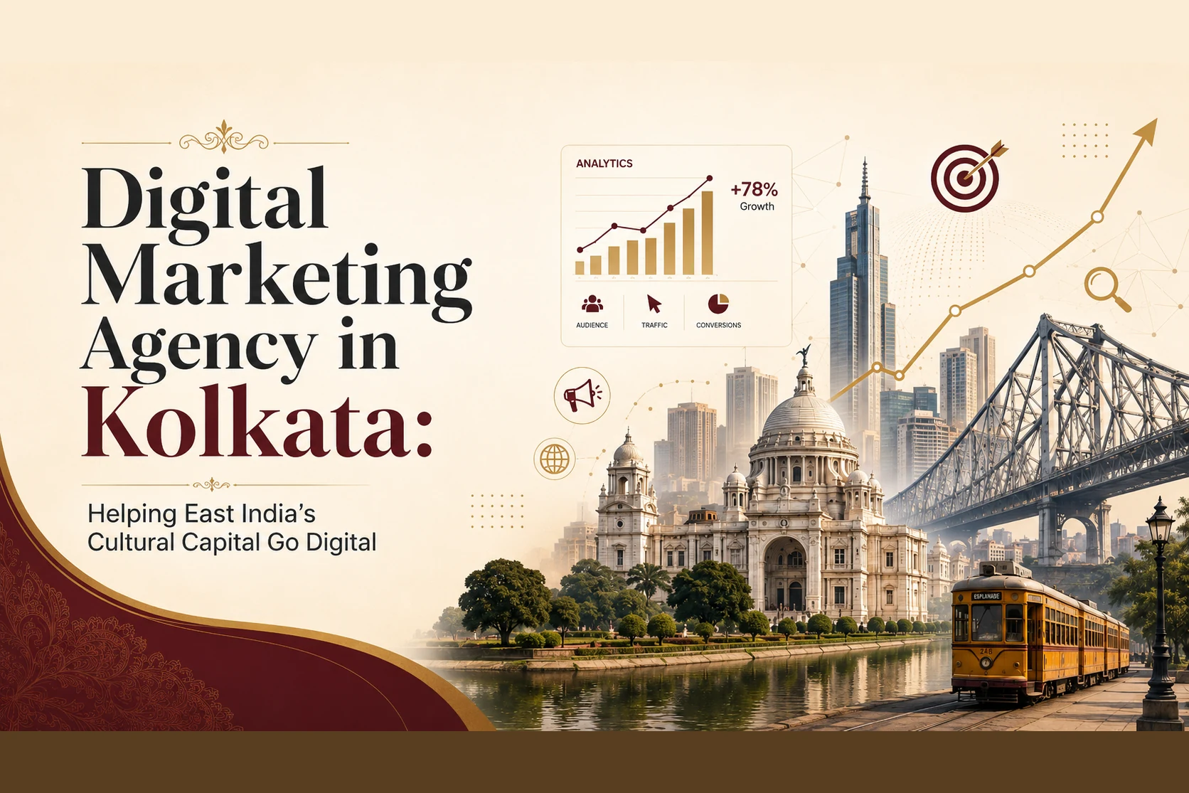 Digital marketing agency in Kolkata — Victoria Memorial, Howrah Bridge and the Kolkata skyline with a rising analytics chart — DigiVeritaz