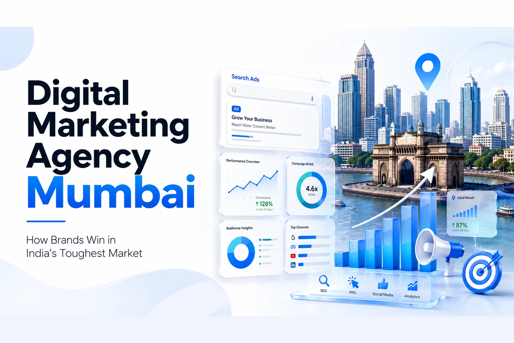 Digital marketing agency in Mumbai — dashboards showing 128% more conversions and 4.6x ROAS over the Mumbai skyline and Gateway of India — DigiVeritaz