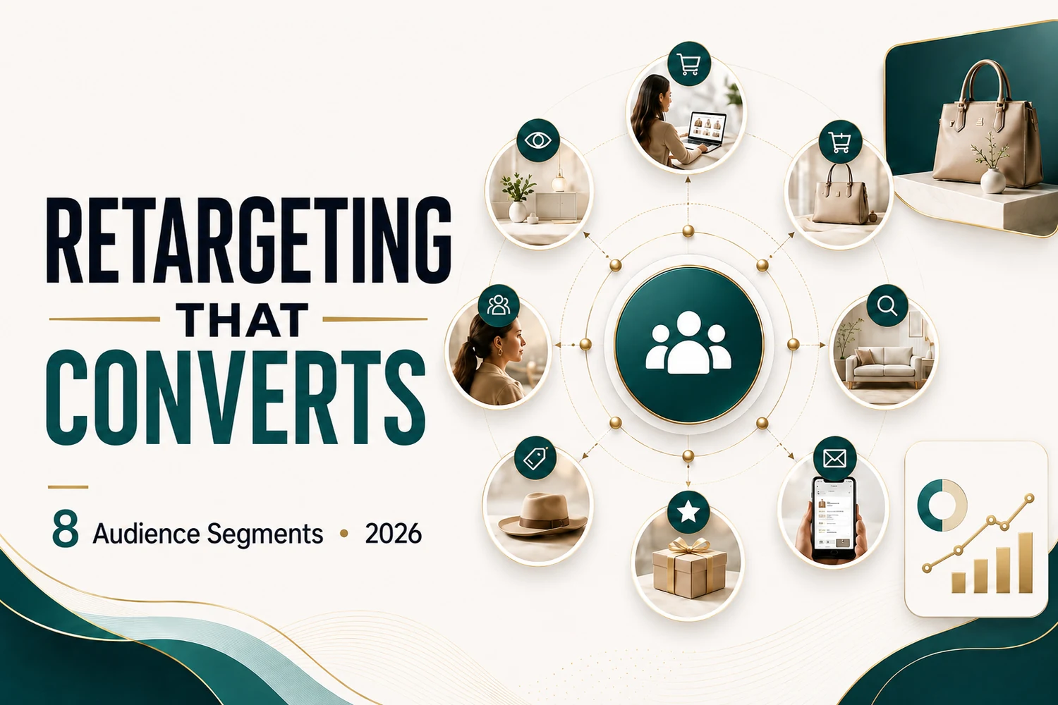 Display advertising retargeting — eight audience segments arranged around a central customer icon — DigiVeritaz