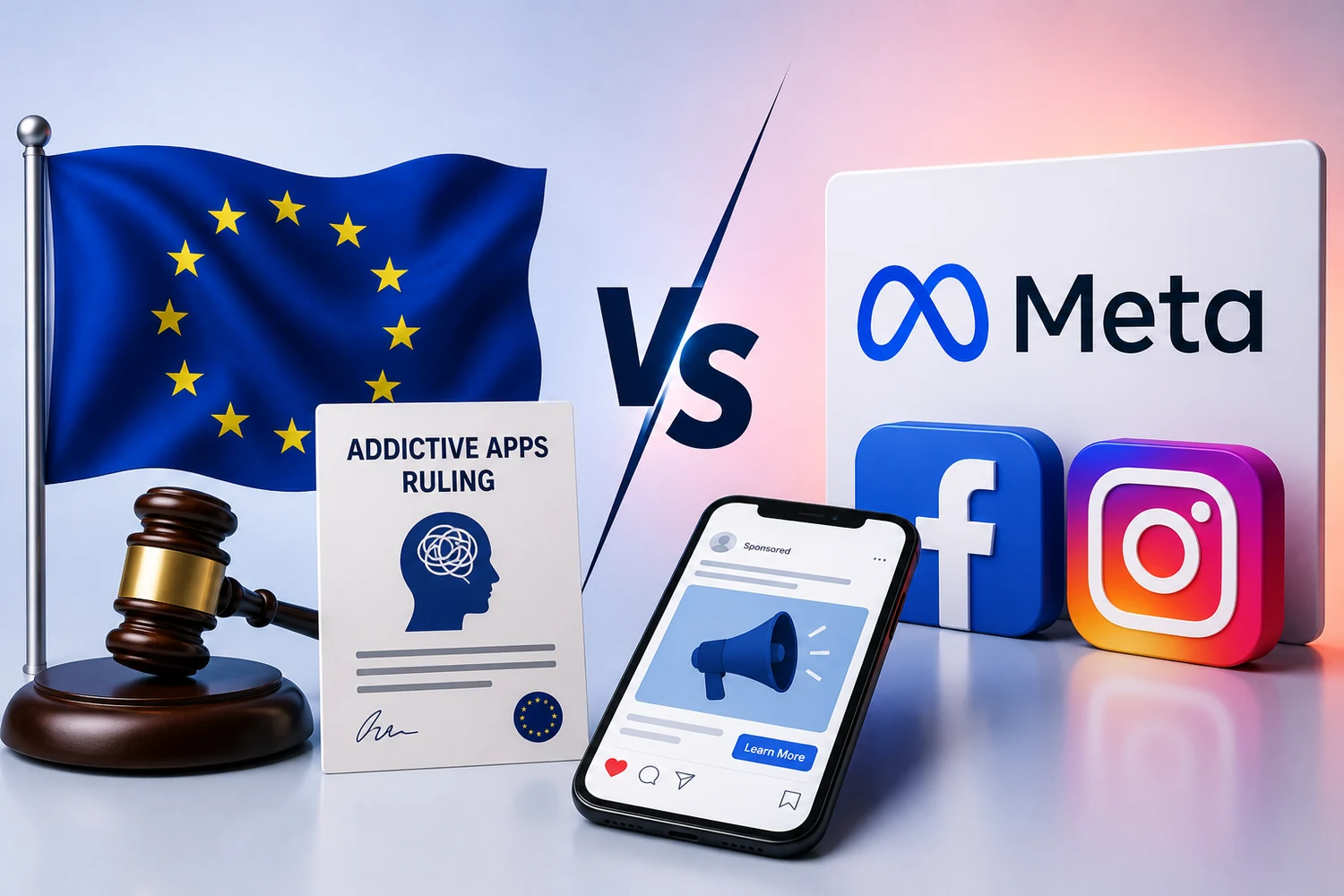 EU vs Meta — the EU flag and an addictive-apps ruling document facing the Meta, Facebook and Instagram logos over a sponsored ad — DigiVeritaz