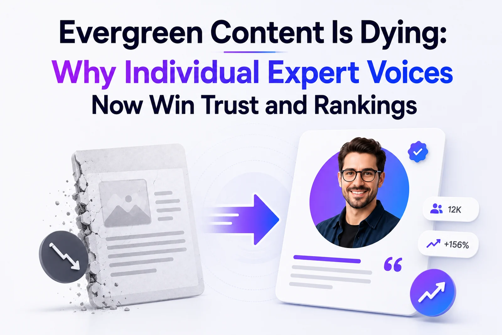 Evergreen content is dying — a cracking anonymous article giving way to a verified individual expert profile with rising engagement — DigiVeritaz