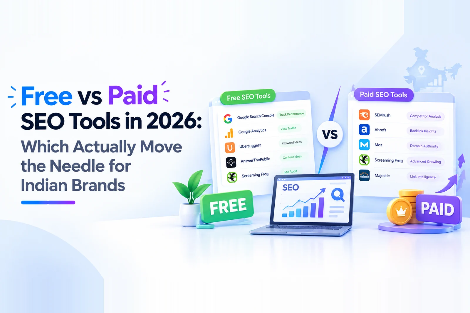 Free SEO tools like Google Search Console and Analytics compared against paid tools like Semrush, Ahrefs and Moz for Indian brands in 2026