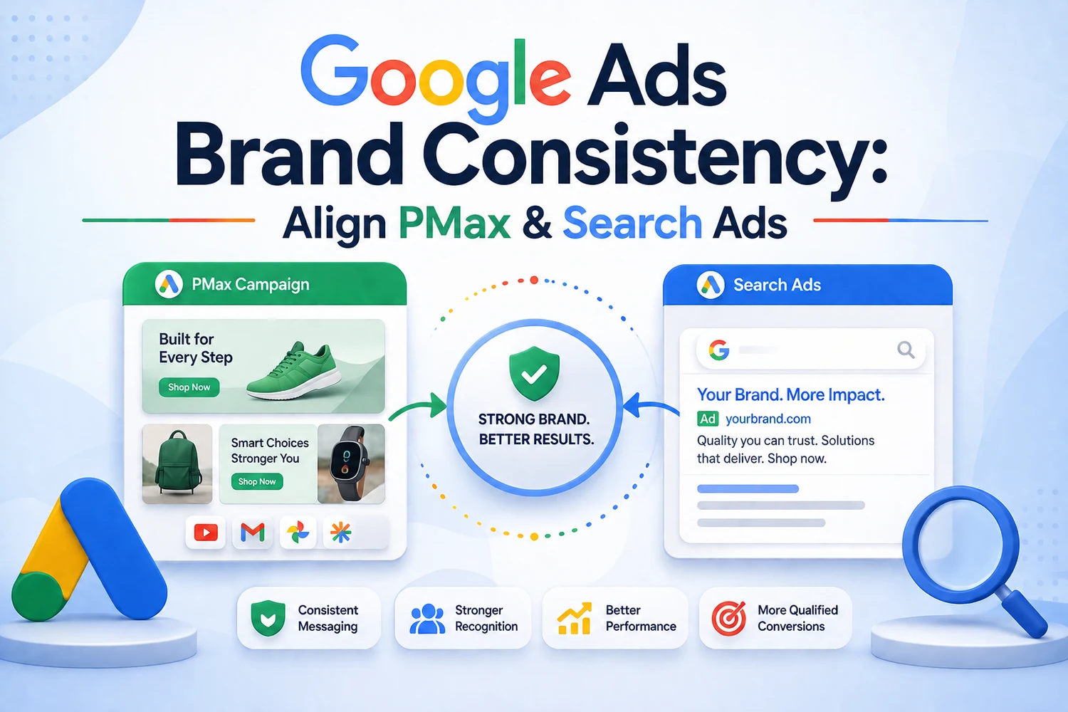 Google Ads brand consistency — a PMax campaign and a Search ad aligned to one brand style — DigiVeritaz