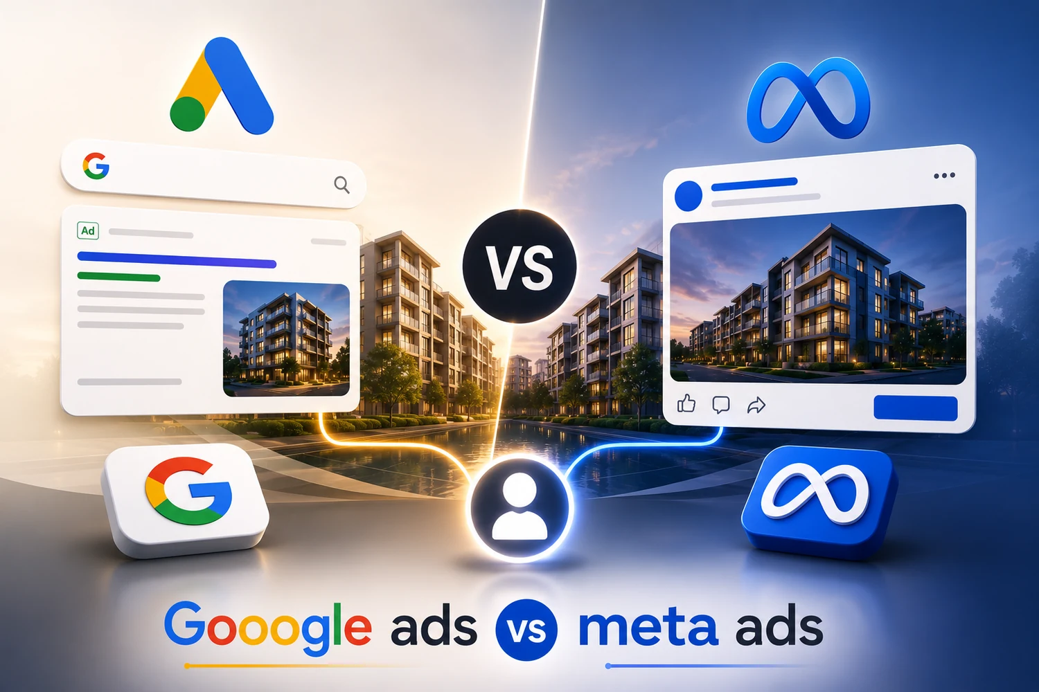 Google Ads vs Meta Ads for real estate in India — a search ad and a social feed ad for a property project side by side — DigiVeritaz