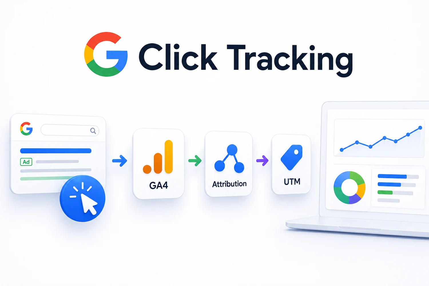 Google click tracking — a search click flowing through GA4, attribution and UTM into an analytics dashboard — DigiVeritaz