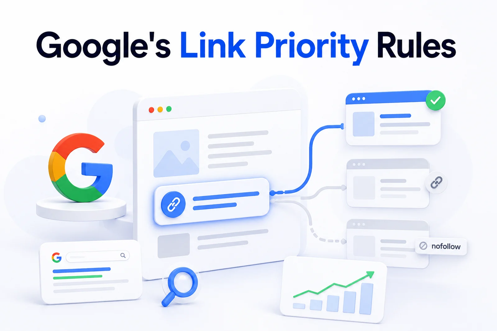 Google's link priority rules — a page's links flowing to followed, collapsed and nofollow destinations — DigiVeritaz