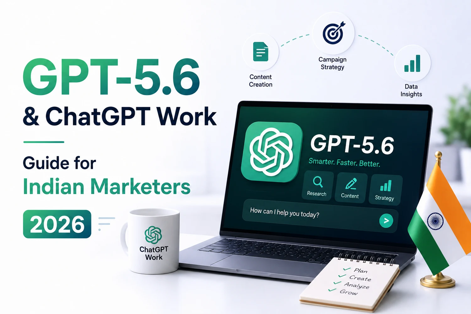 GPT-5.6 and ChatGPT Work — a marketer's laptop showing the assistant with content, strategy and data-insight tools — DigiVeritaz