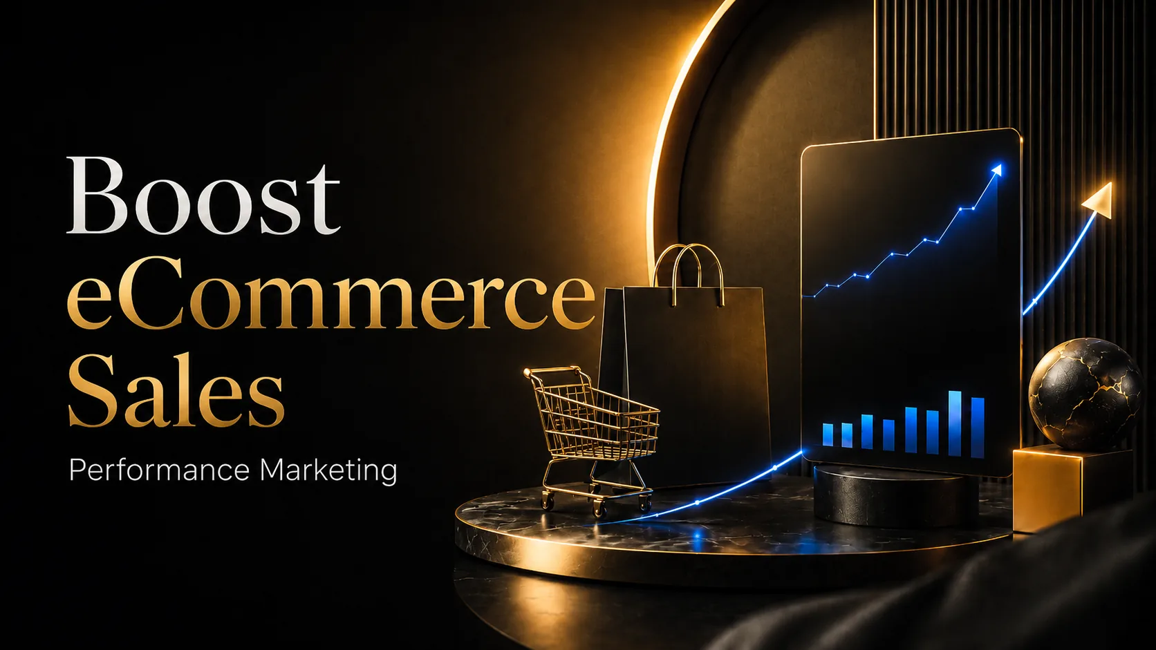 Boost eCommerce Sales with Performance Marketing — a shopping cart, bag and rising sales chart on a premium gold-and-black stage — DigiVeritaz