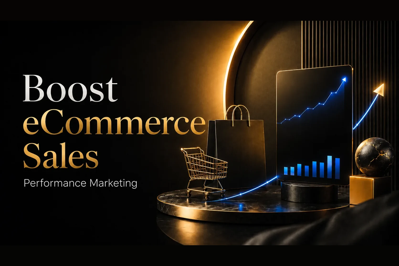Boost eCommerce Sales with Performance Marketing — a shopping cart, bag and rising sales chart on a premium gold-and-black stage — DigiVeritaz