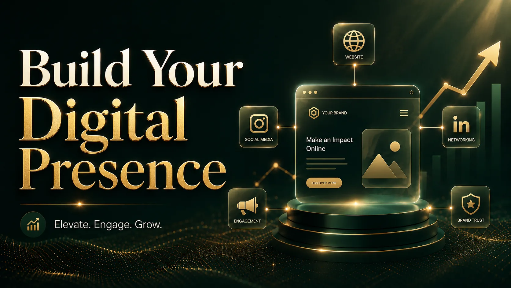 Build Your Digital Presence — a brand website on a podium linked to website, social media, networking, engagement and brand-trust nodes — DigiVeritaz