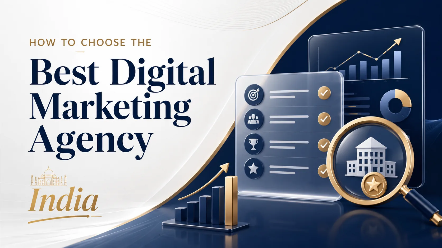 How to choose the best digital marketing agency in India — an evaluation checklist with growth charts and a magnifying glass over a business — DigiVeritaz