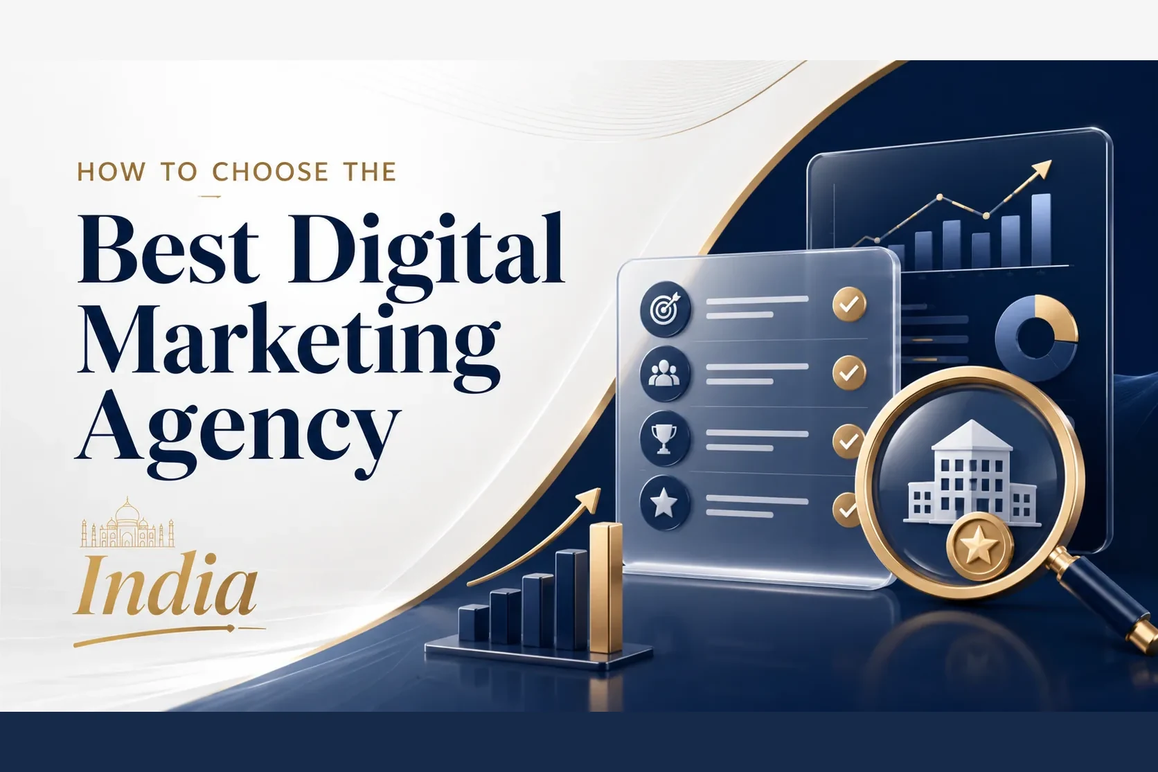 How to choose the best digital marketing agency in India — an evaluation checklist with growth charts and a magnifying glass over a business — DigiVeritaz