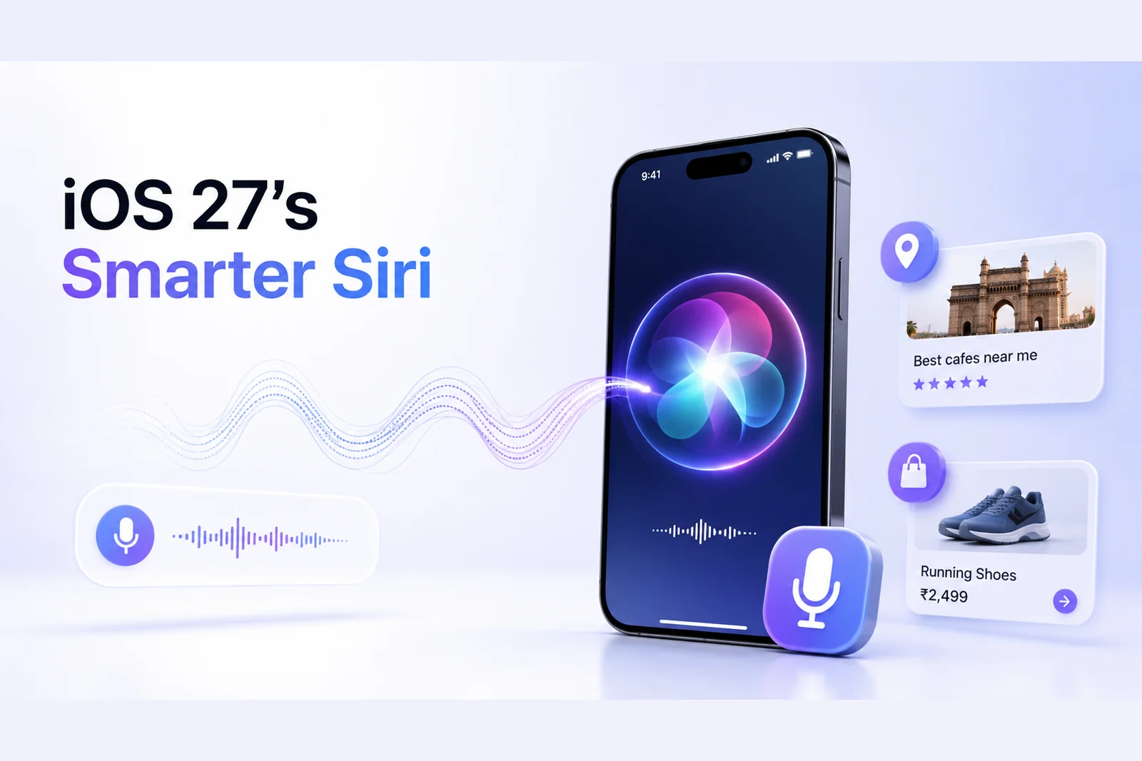 iOS 27's smarter Siri answering a voice query on an iPhone with local and shopping results — DigiVeritaz