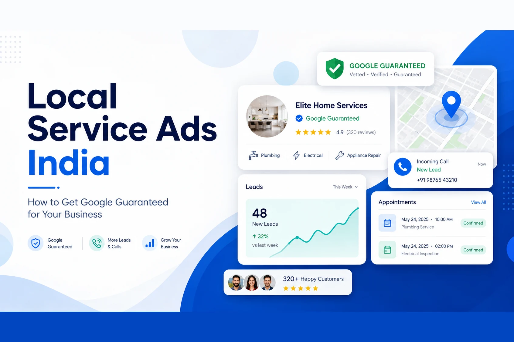 Local Service Ads India dashboard with the green Google Guaranteed badge, a 4.9-star profile, incoming lead calls and 48 new leads — DigiVeritaz