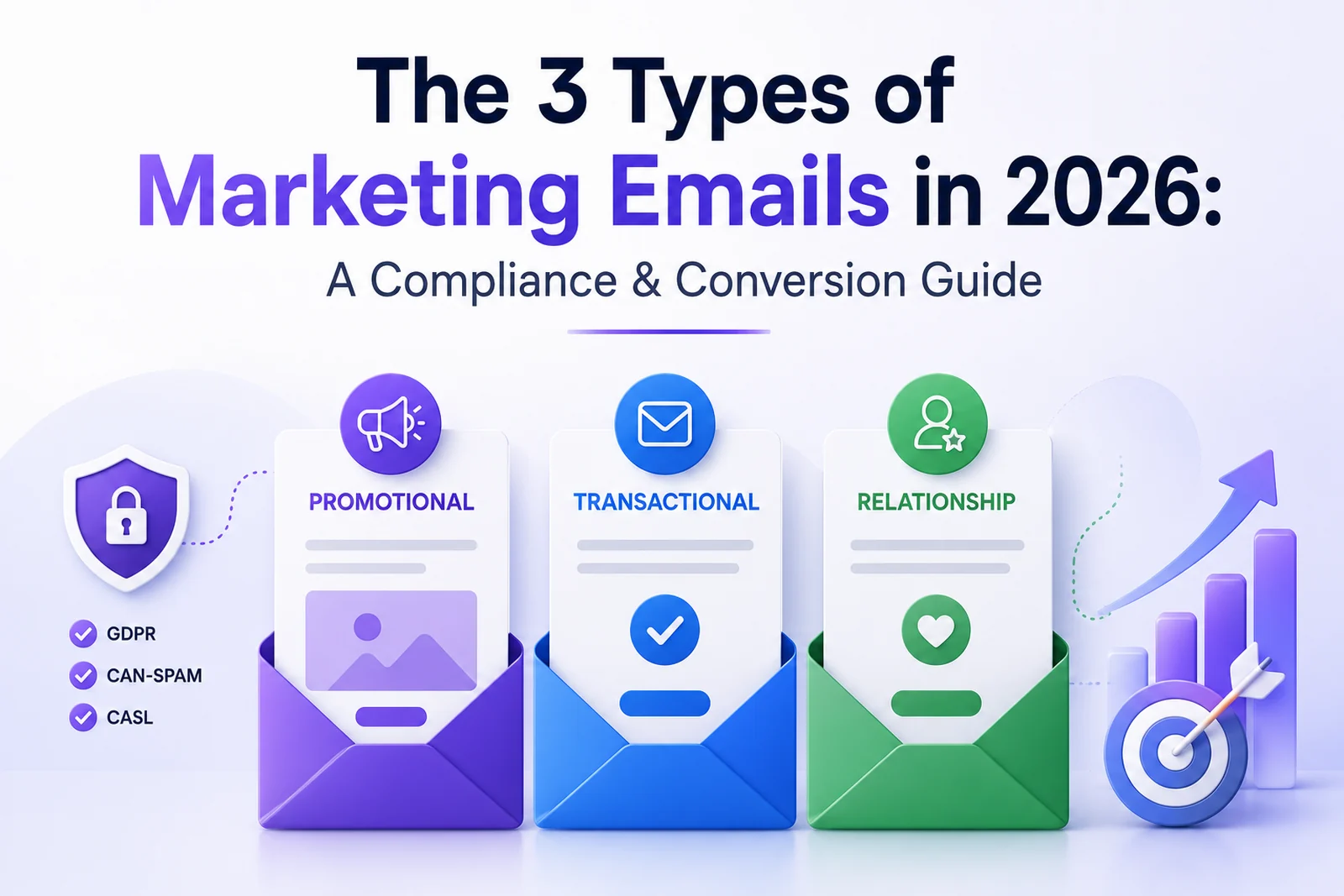 The 3 types of marketing emails — promotional, transactional and relationship — shown as envelopes with GDPR, CAN-SPAM and CASL compliance — DigiVeritaz