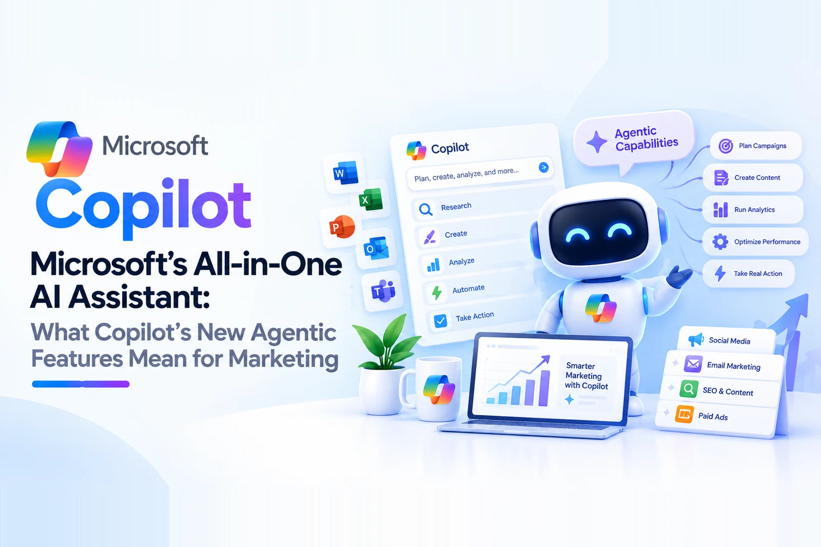 Microsoft Copilot planning campaigns, creating content and running analytics across Word, Excel, PowerPoint, Outlook and Teams